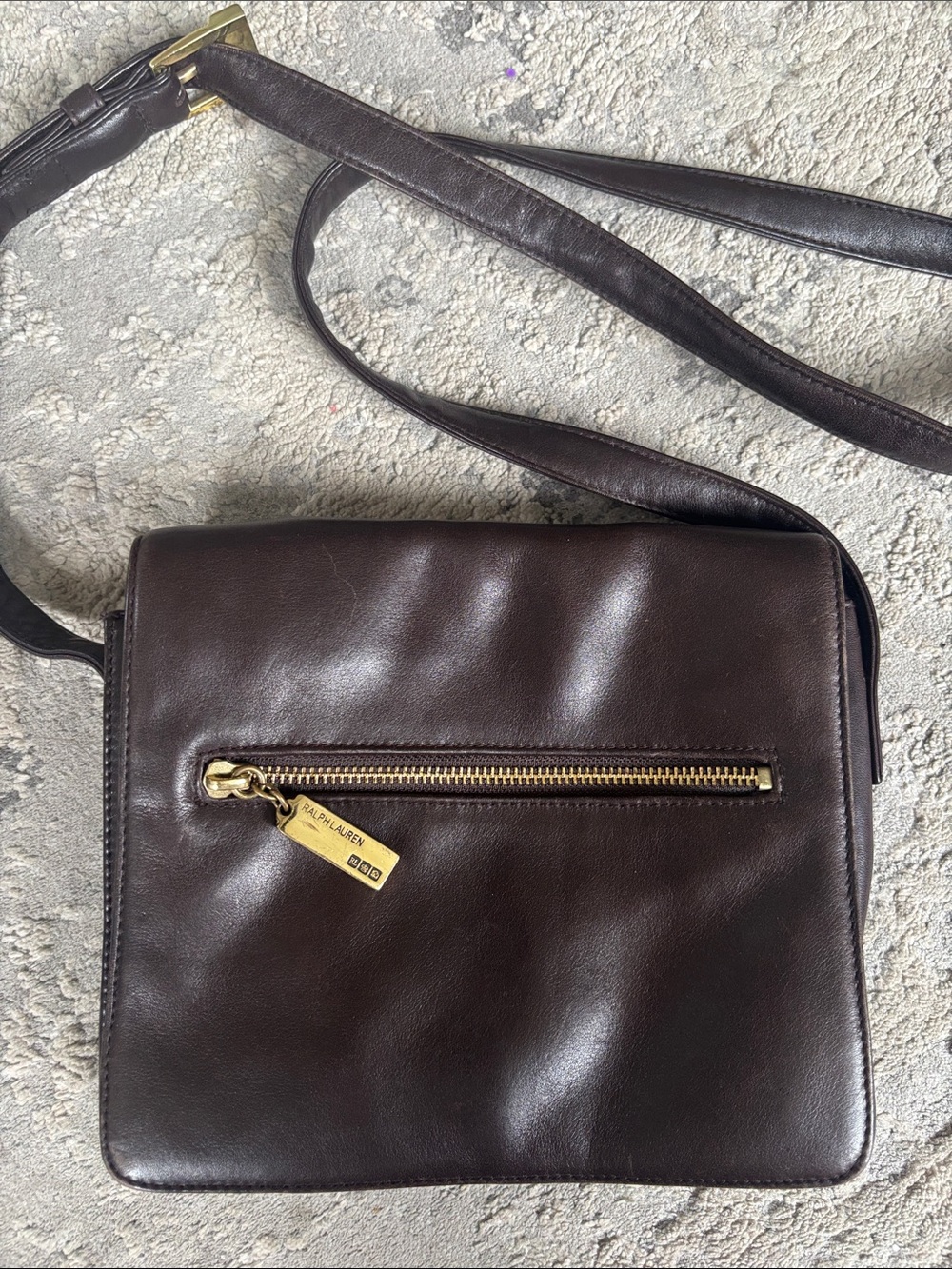 Vintage Ralph Lauren Dark Brown Leather Messenger Bag with Gold Hardware